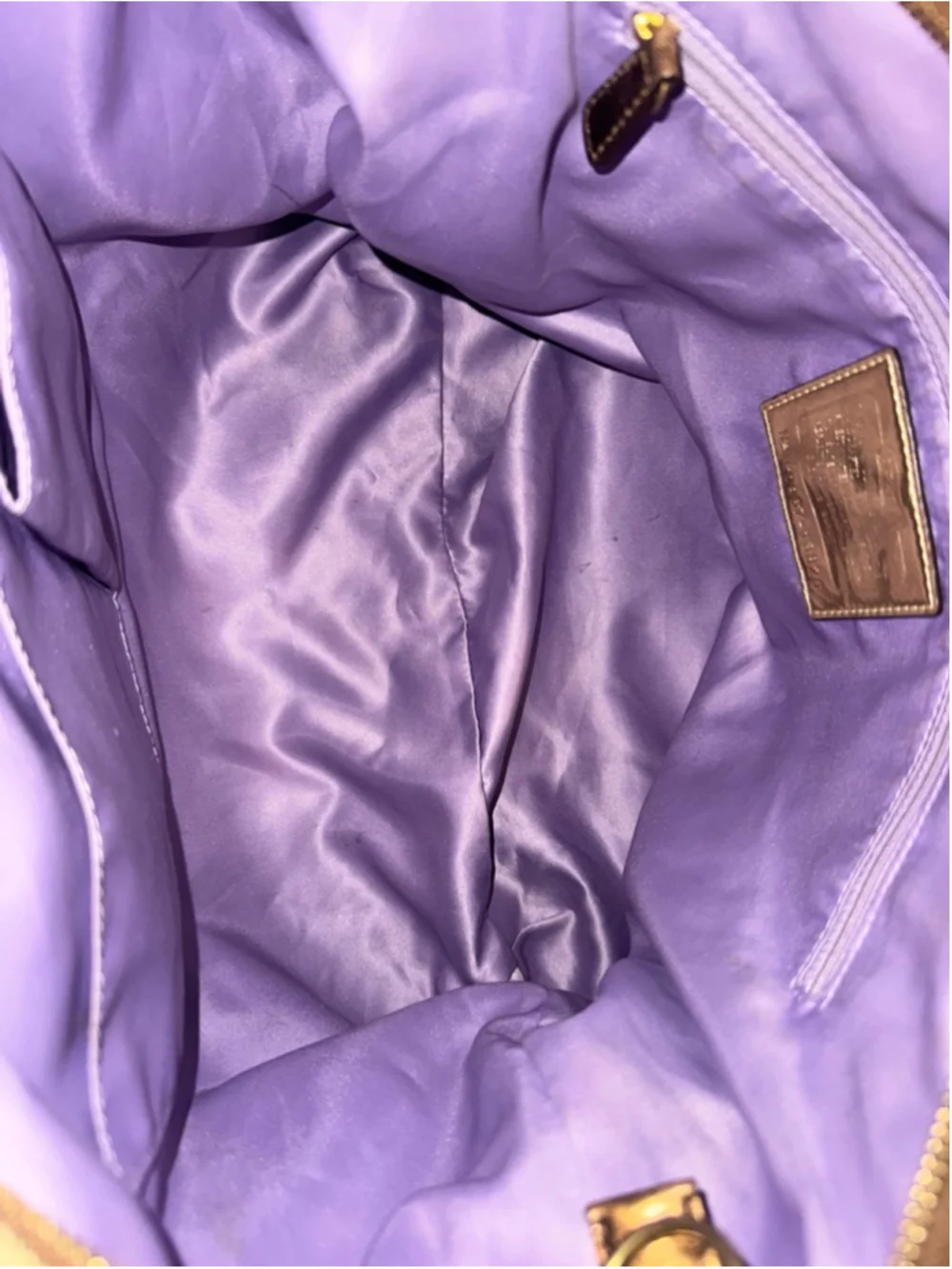 Coach Poppy Glam Op Art Tote Bag Bronze Metallic Trim Purple Satin Lining G0967-